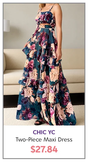 Chic YC Women's Floral Print Two-Piece Maxi Dress Summer Boho Ruffled Crop Top and Tiered Skirt Set