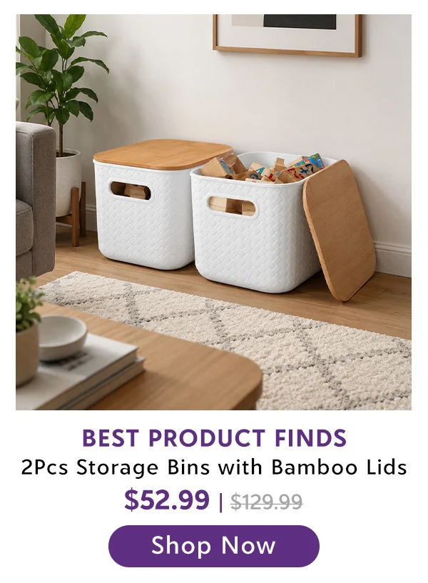 2Pcs Storage Bins with Bamboo Lids Stackable Plastic Storage Container with Handle Storage Box Accessories Holder for Bedroom Kitchen Shelf Closet