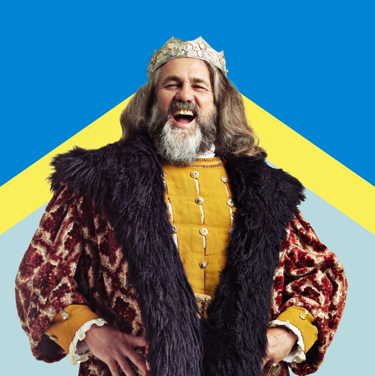 Jouvial king holding his belly and laughing.
