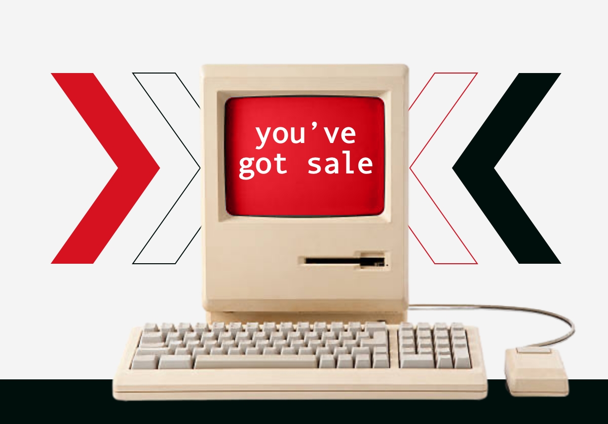 Vintage desktop computer with the words “you’ve got sale” printed on the screen.