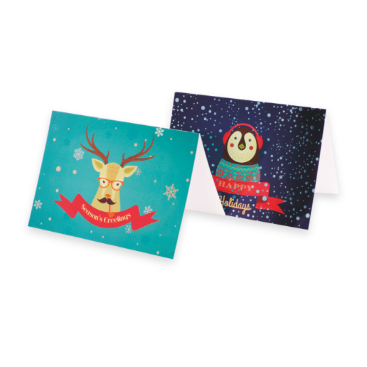 Two different greeting cards with colorful holiday designs.