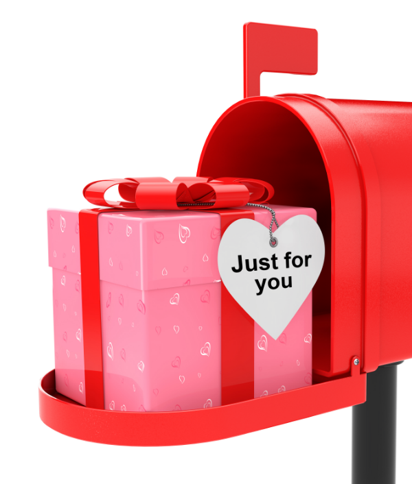A red mailbox stands open, revealing a pink and red gift box with a heart-shaped tag labeled 'Just for you'.