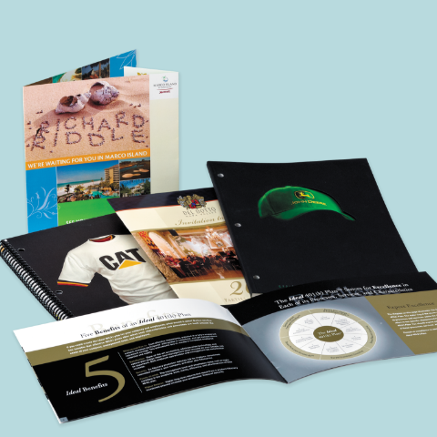 Various booklets displaying different covers options and finishes.