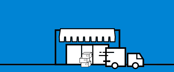 Animated delivery truck swiftly dropping off a pile of packages at a store front.