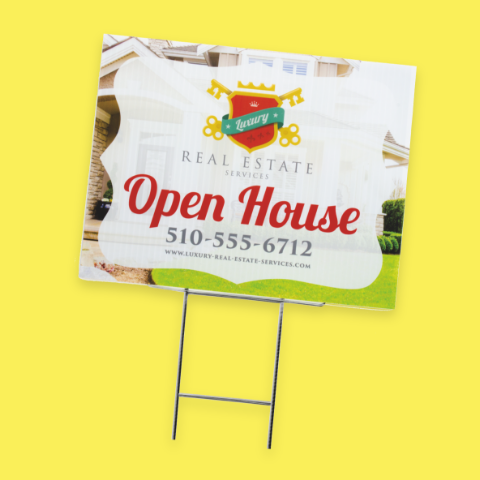 Full-color yard signs for both commerical and residential settings, available with three styles of lawn stakes.
