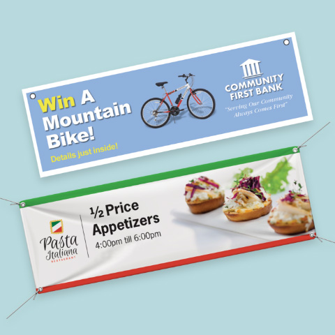 A banner announcing a raffle to win a mountain bike, another banner displaying restaurant specials.