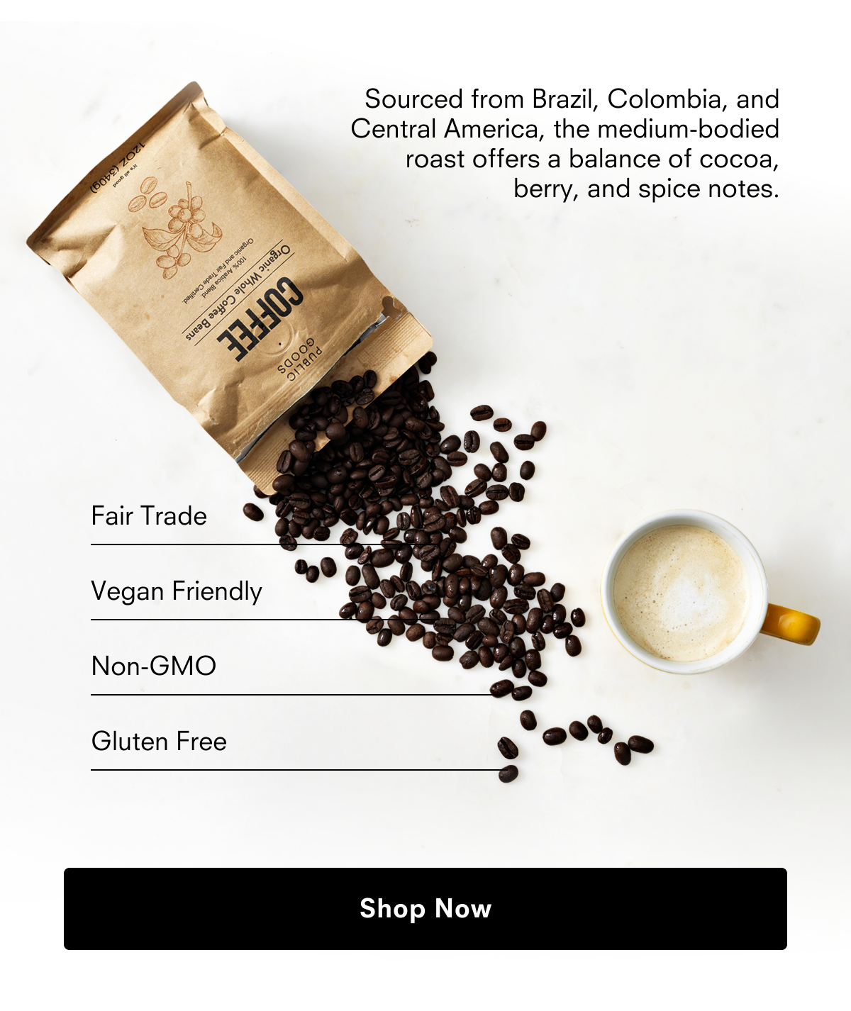 Sourced from Brazil, Colombia, and Central America, the medium-bodied roast offers a balance of cocoa, berry, and spice notes.