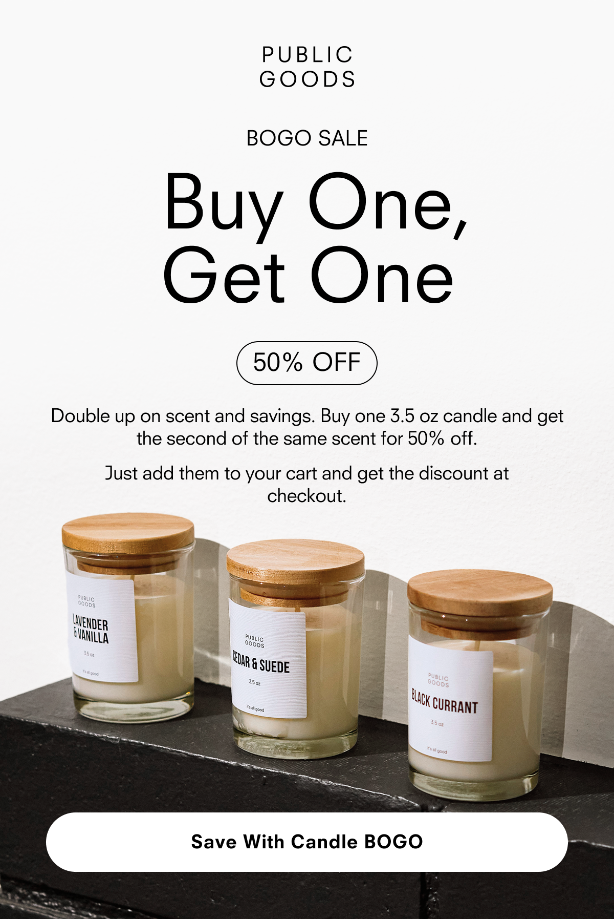 Candle BOGO: Buy one, get one 50% off