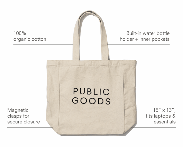 100%  organic cotton. Built-in water bottle holder + inner pockets. Magnetic clasps for secure closure. 15” x 13”, fits laptops & essentials.