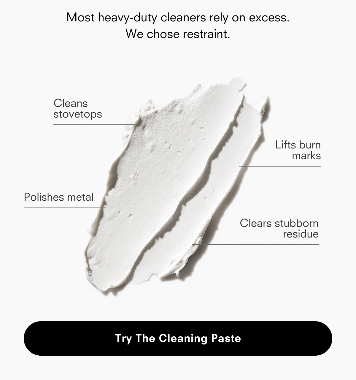 Most heavy-duty cleaners rely on excess. We chose restraint. Cleans stovetops, polishes metal, lifts burn masks, clears stubborn residue.