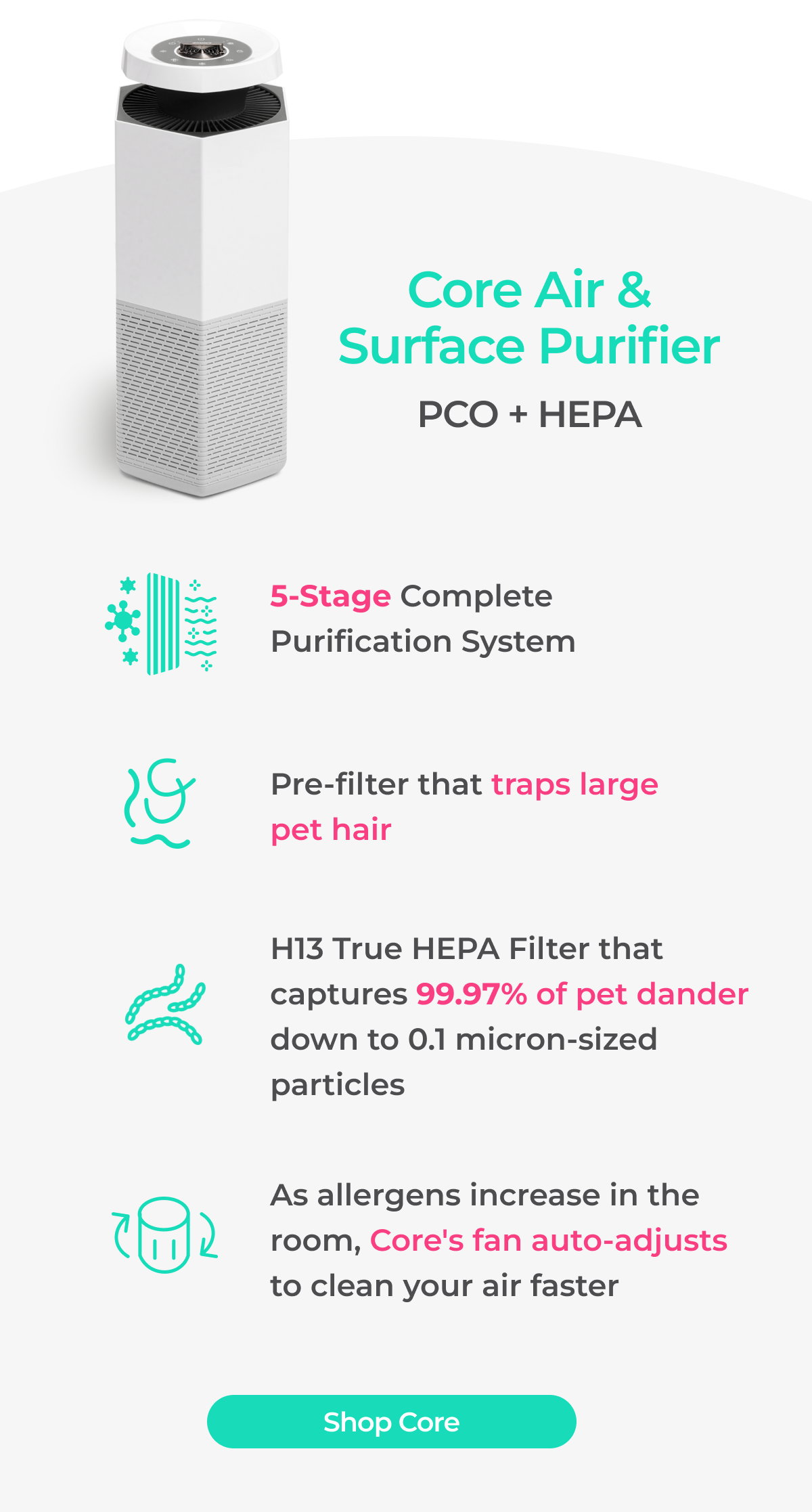 Puraclenz Core Purifier features PCO and HEPA, the perfect choice for pet owners.