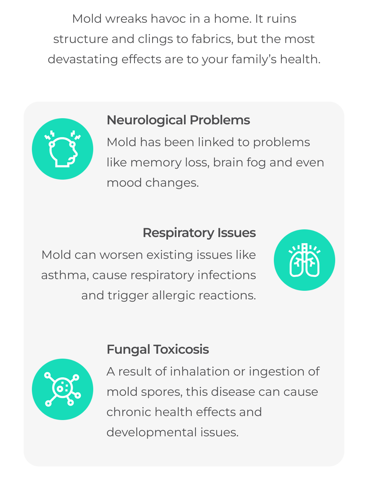 Mold linked to neurological problems, respiratory issues, and fungal toxicosis.