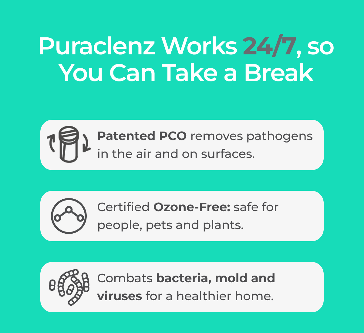 Puraclenz uses Patented PCO technology to combat bacteria, mold and viruses. Certified Ozone-Free.