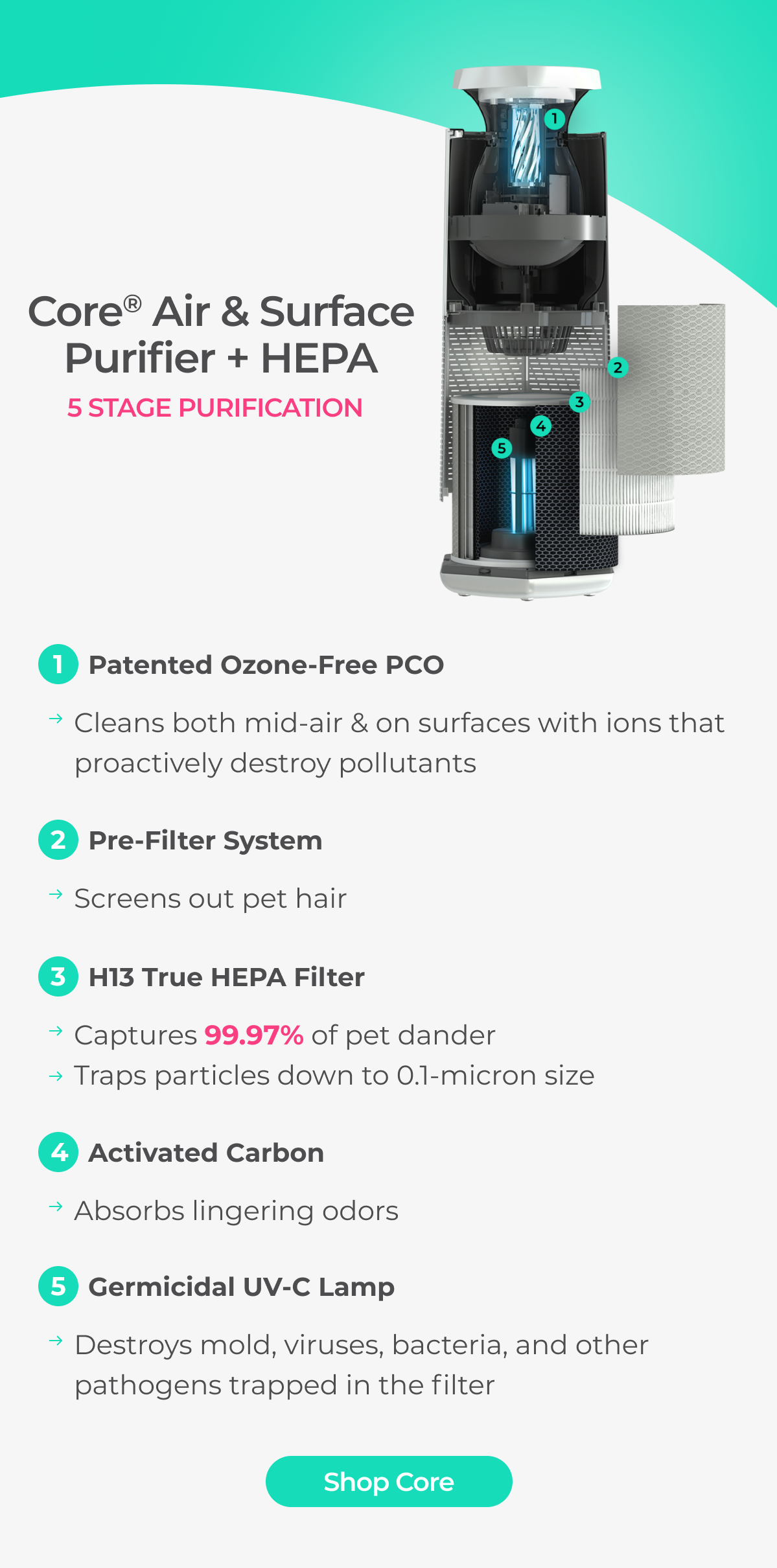 Core Air and Surface Purifier - 5-Stage Purification