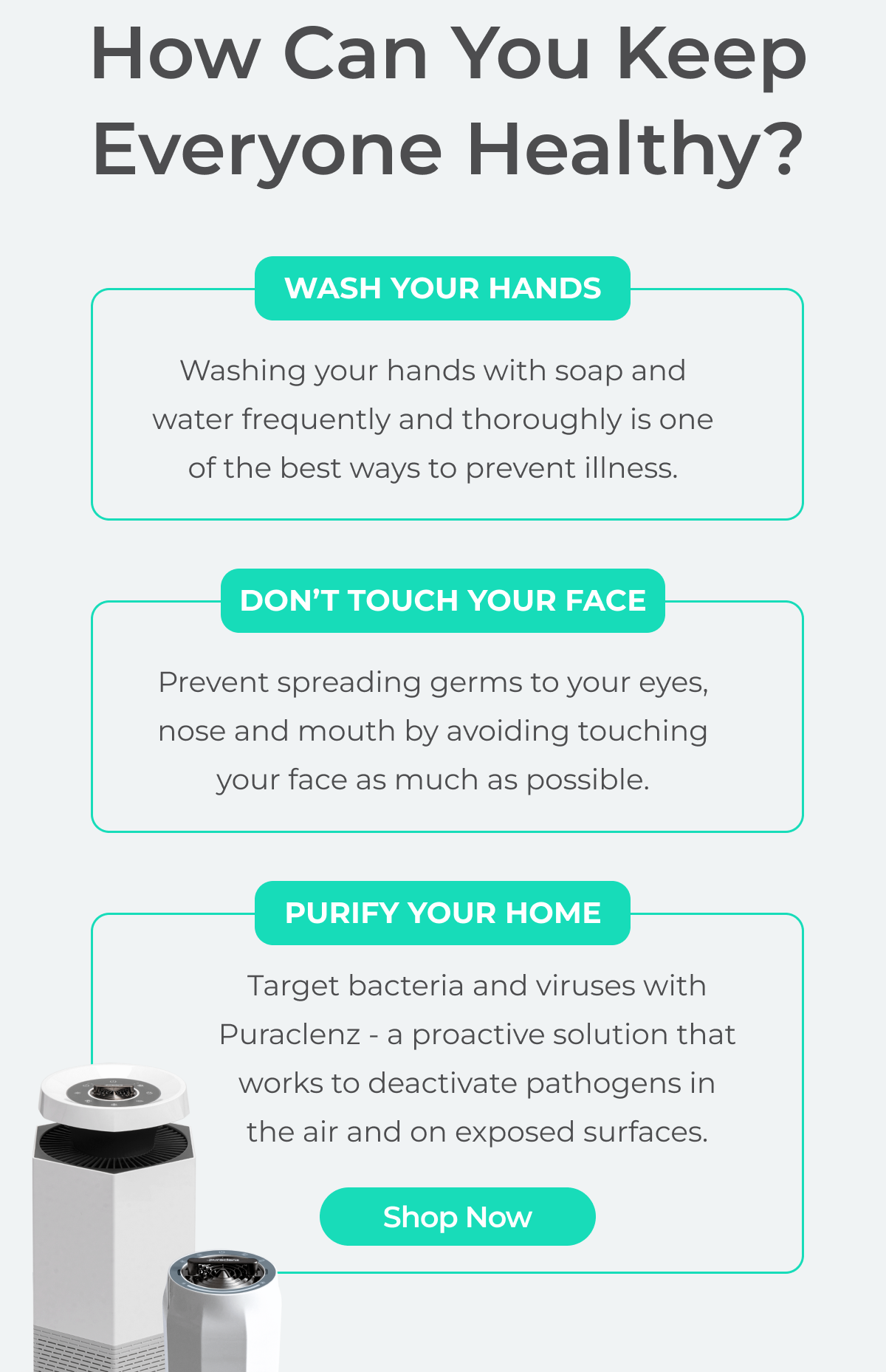 Ways to Keep everyone healthy - wash your hands, don't touch your face, purify your home.