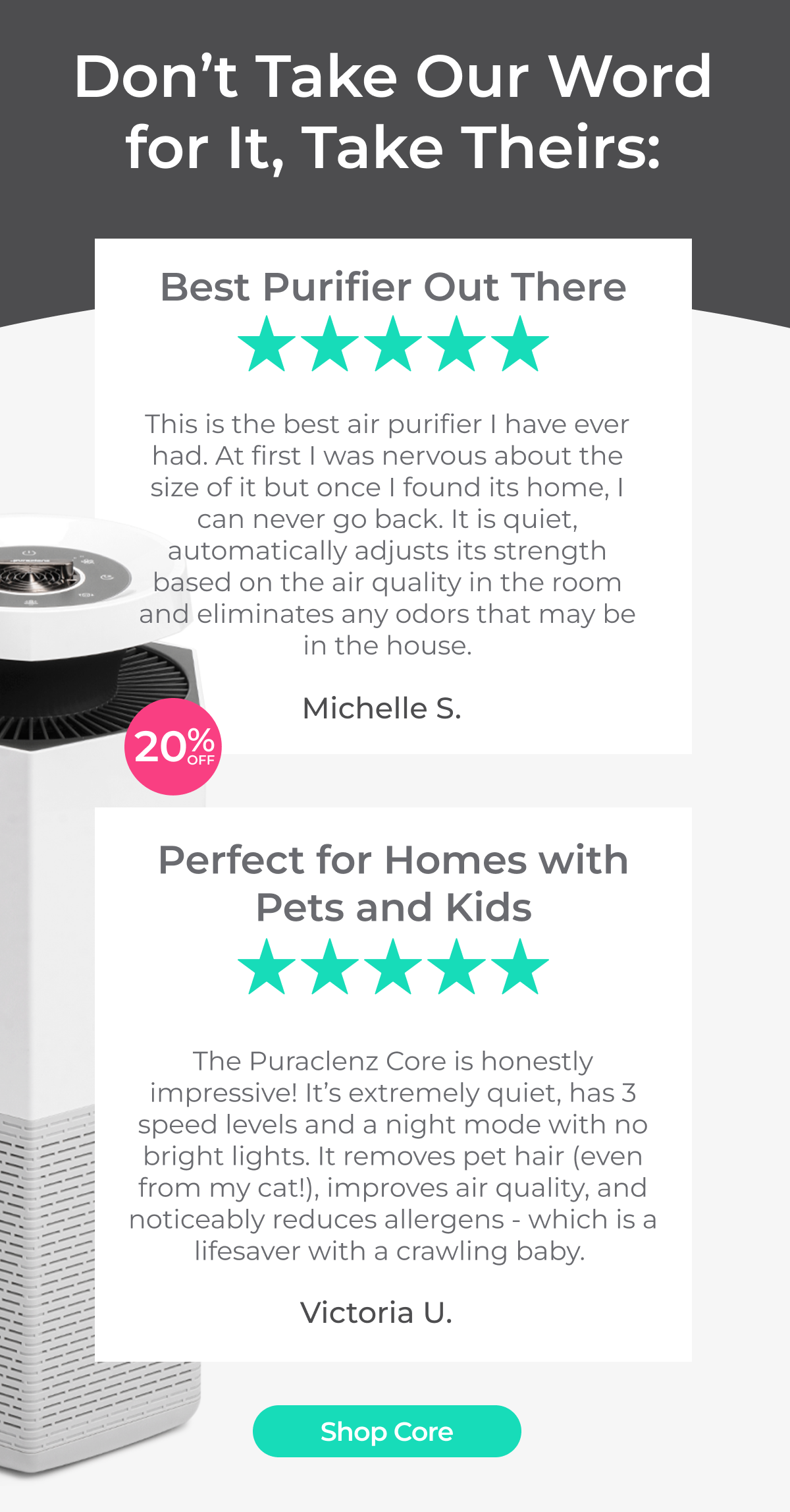 5 Stars for Core Air & Surface Purifier + HEPA - Shop Now and Save 20%