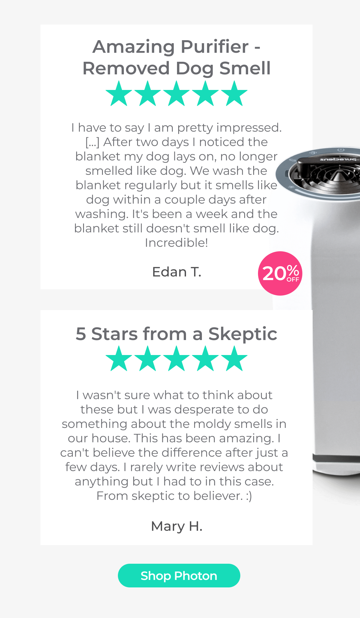 5 Stars for Photon Air & Surface Purifier - Shop Now and Save 20%