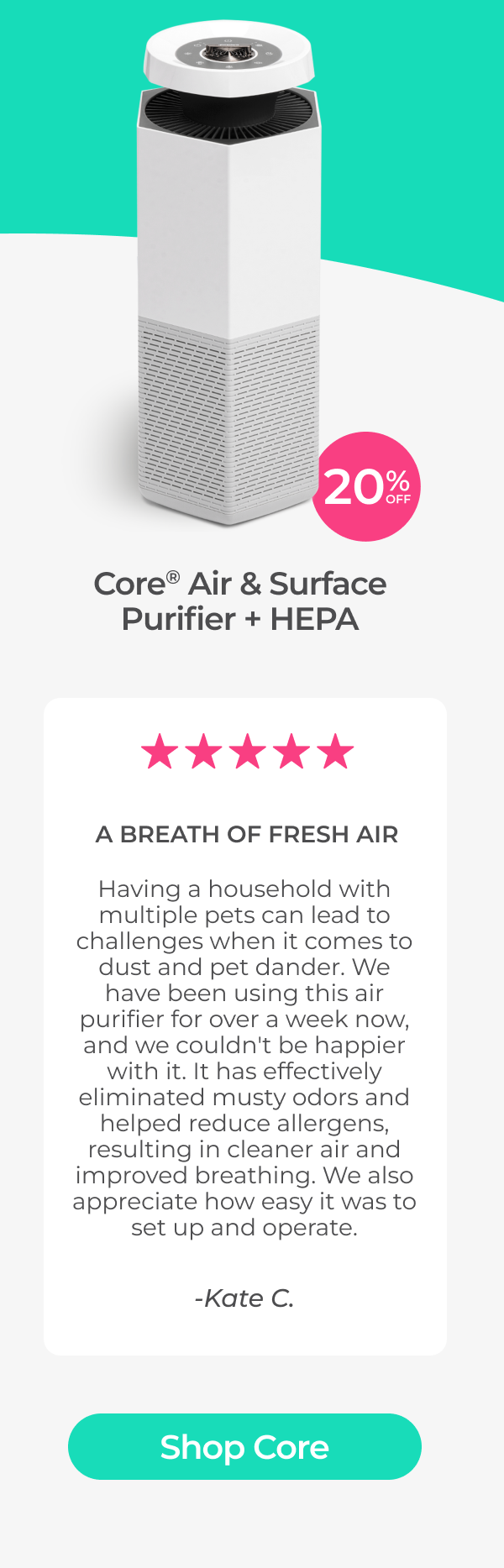Core Air and Surface purifier + HEPA - Shop Now Save 20%