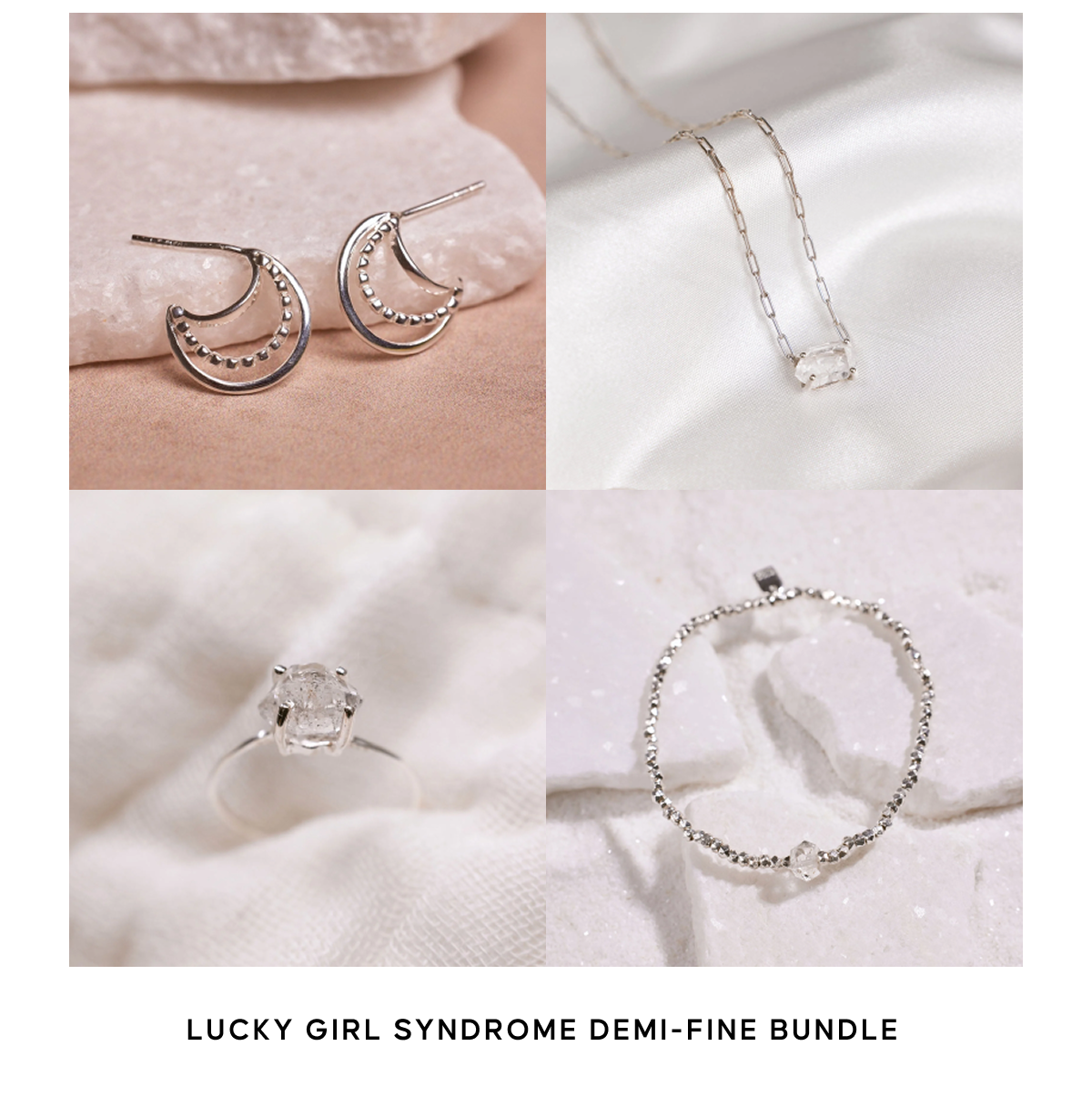 A four-image collage showcasing gold jewelry, including rings worn on a hand, a gemstone pendant necklace, a delicate gold bracelet with a clear stone on a textured white surface, and a model wearing gold hoop earrings in natural sunlight.