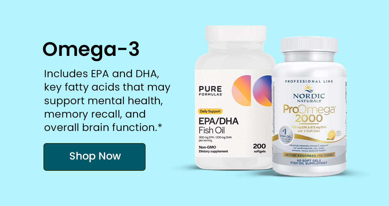 Omega-3: Includes EPA and DHA, key fatty acids thay may support mental health, memory recall, and overall brain function.* Shop now.