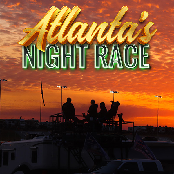Atlanta's Night Race logo overlayed on a photo of fans enjoying the sunset from the top of their camper. 