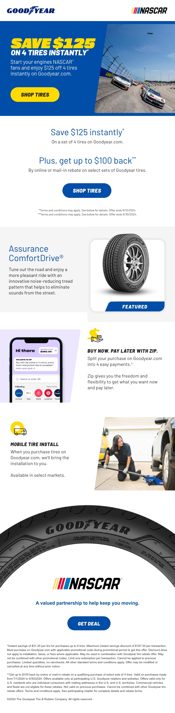 Save $125 on 4 tires from Goodyear.com