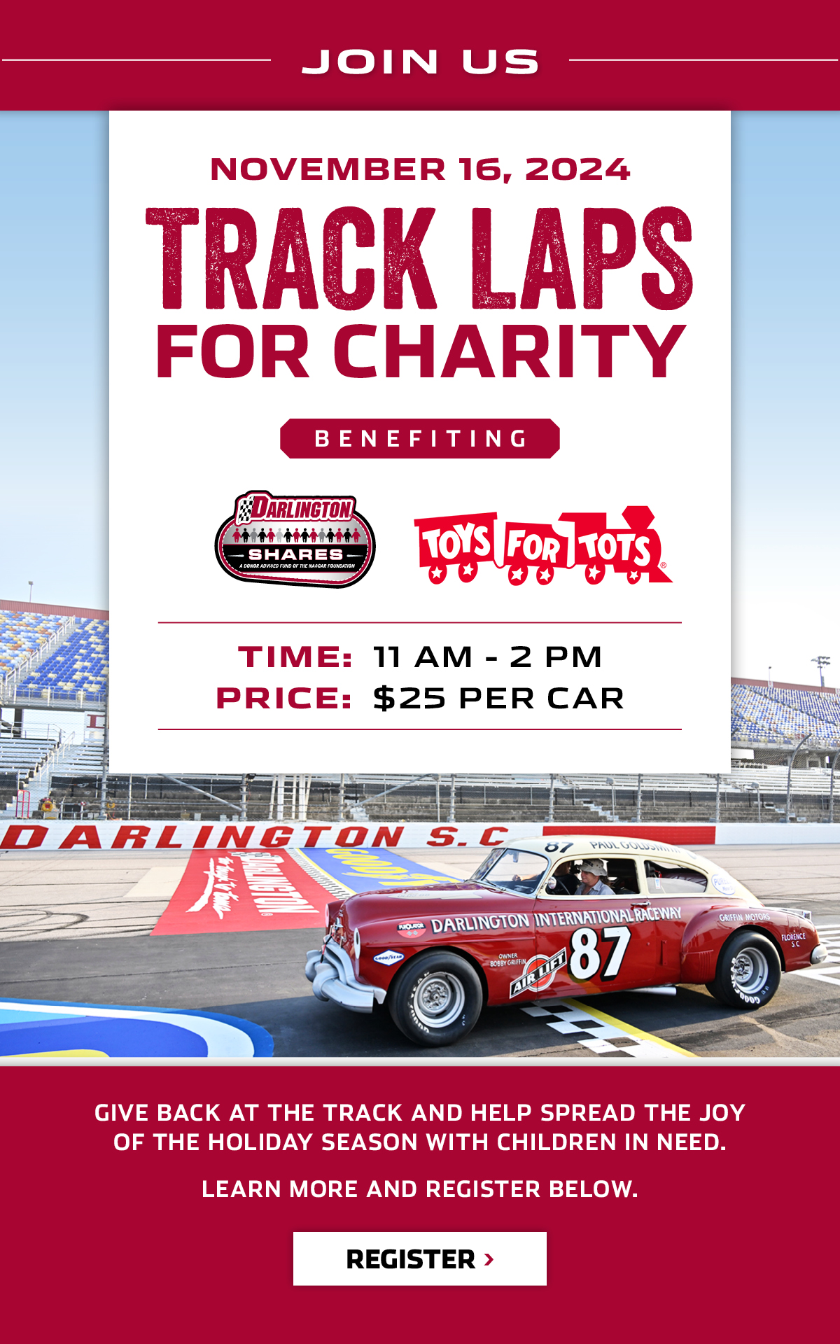 TRACK LAPS FOR CHARITY. BENEFITTING TOYS FOR TOTS. NOVEMBER 16 11 AM - 2 PM. $25 PER CAR