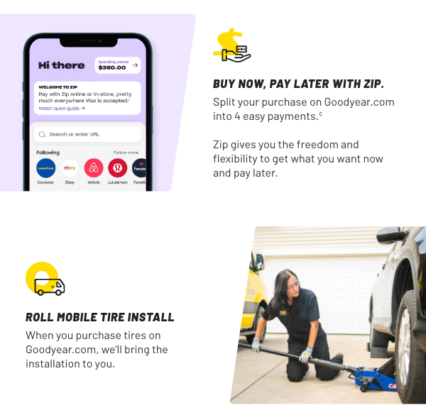 Buy now, pay later with zip | Roll mobile tire install | Click to learn more