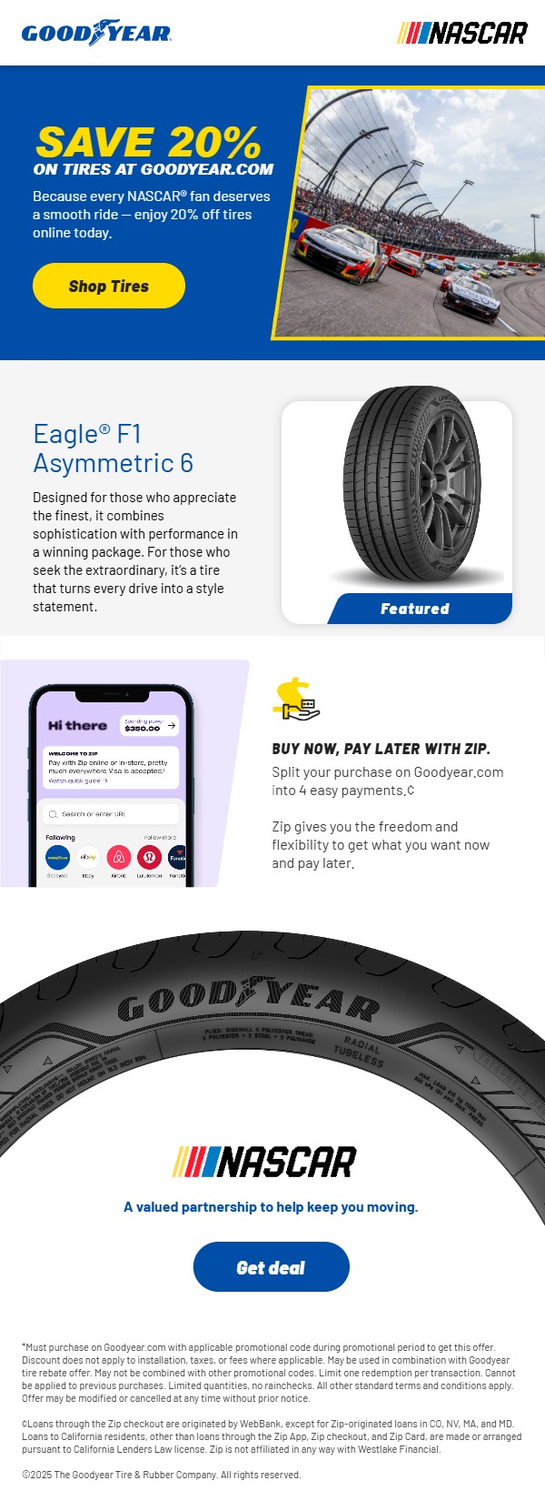 Save 20% on Tires Instantly! Buy for the chance to fly on the Goodyear Blimp and save 20% on any tire purchase at Goodyear.com | Click to shop tires
