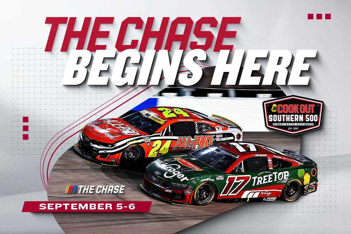 The Chase Begins Here headline with no. 24 and no. 17 cars racing with the Cook Out Southern 500 logo | The Chase September 5-6