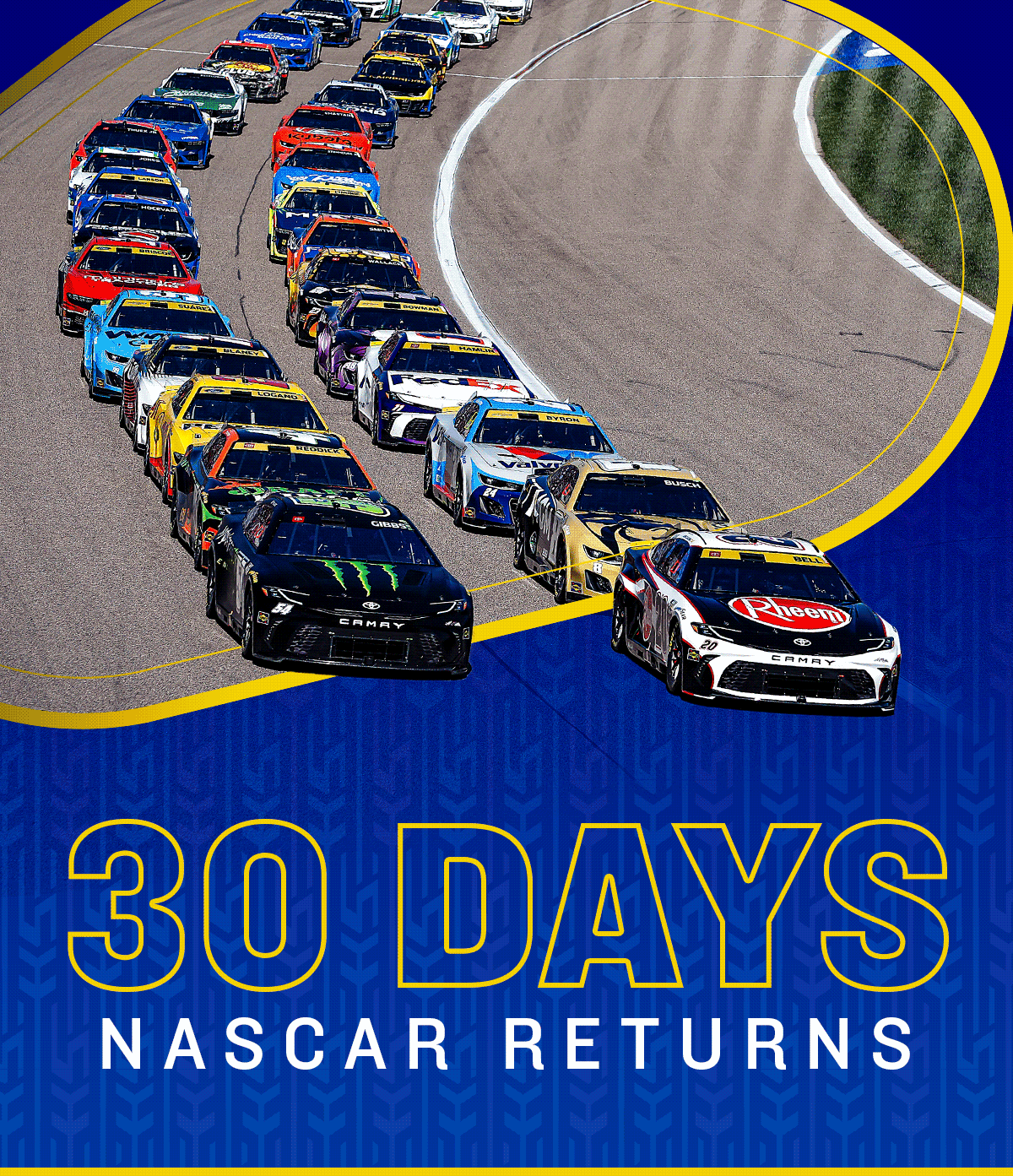 Animated gif text: 30 Days with image of fans enjoying Kansas Speedwaynascar RETURNS WITH IMAGE OF CARS RACING AT KANSAS SPEEDWAY