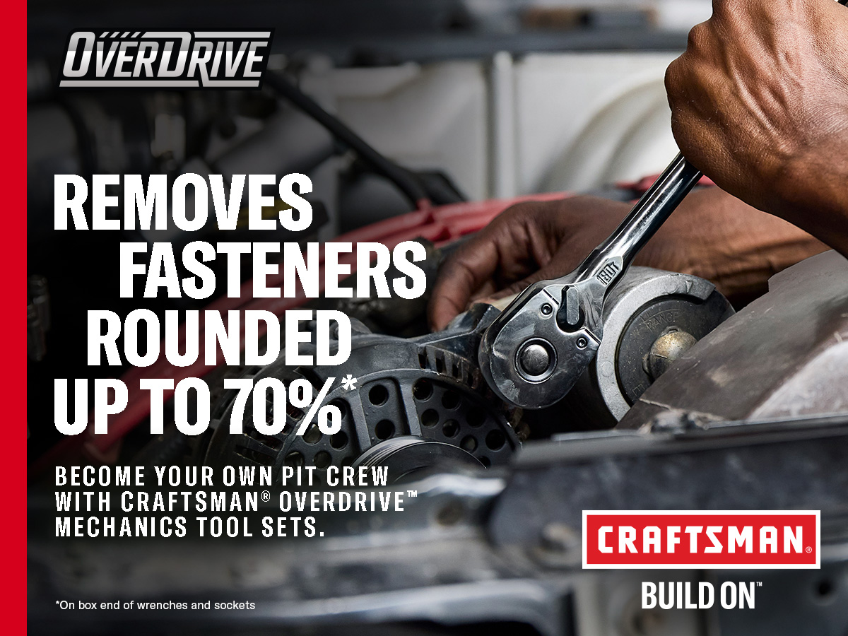 Craftsman | Removes Fasteners Rounded Up to 70% | Become your own pit crew with Craftsman Overdrive Mechanics Tool Sets | On box end of wrenches and sockets.