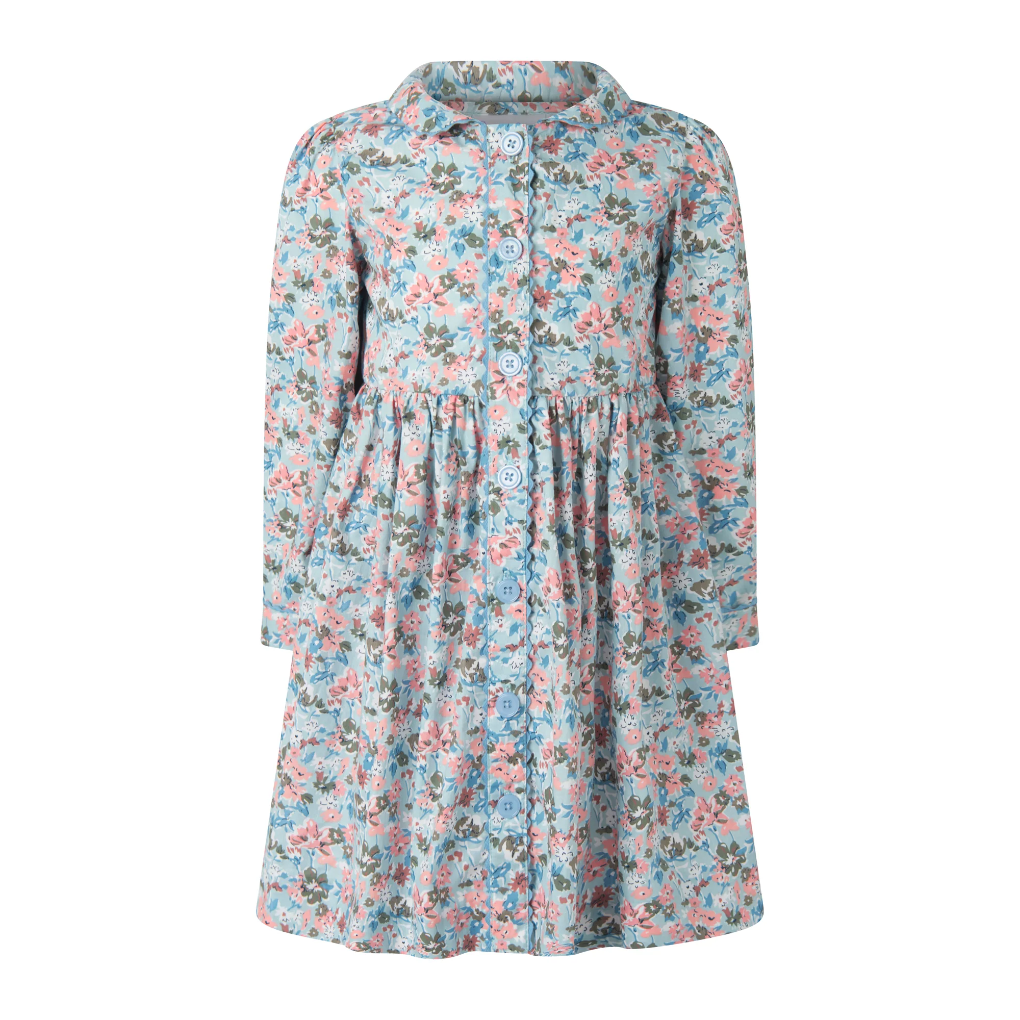 Blue Floral LS Button-front Dress
