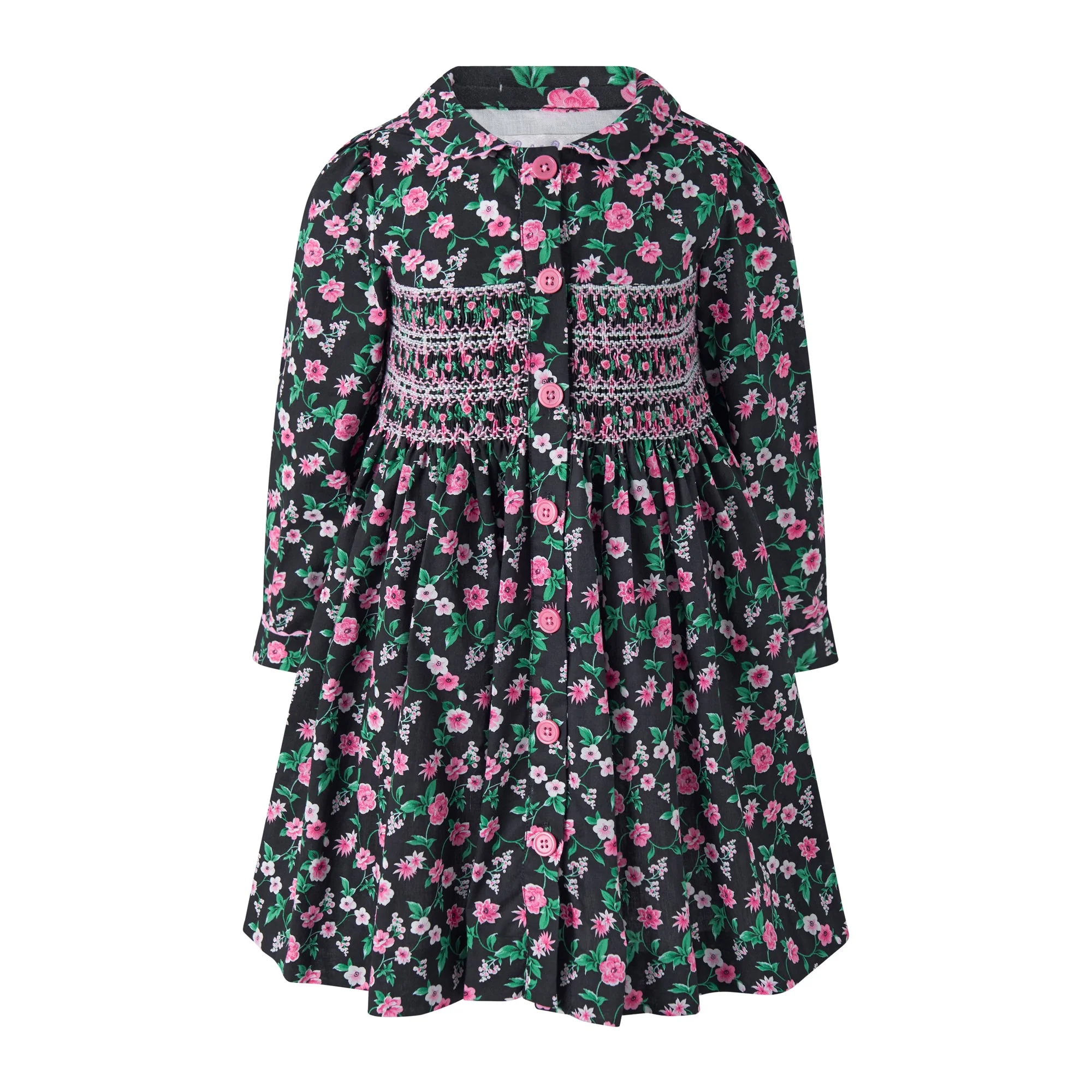 Black Floral Smocked Button-Front Dress