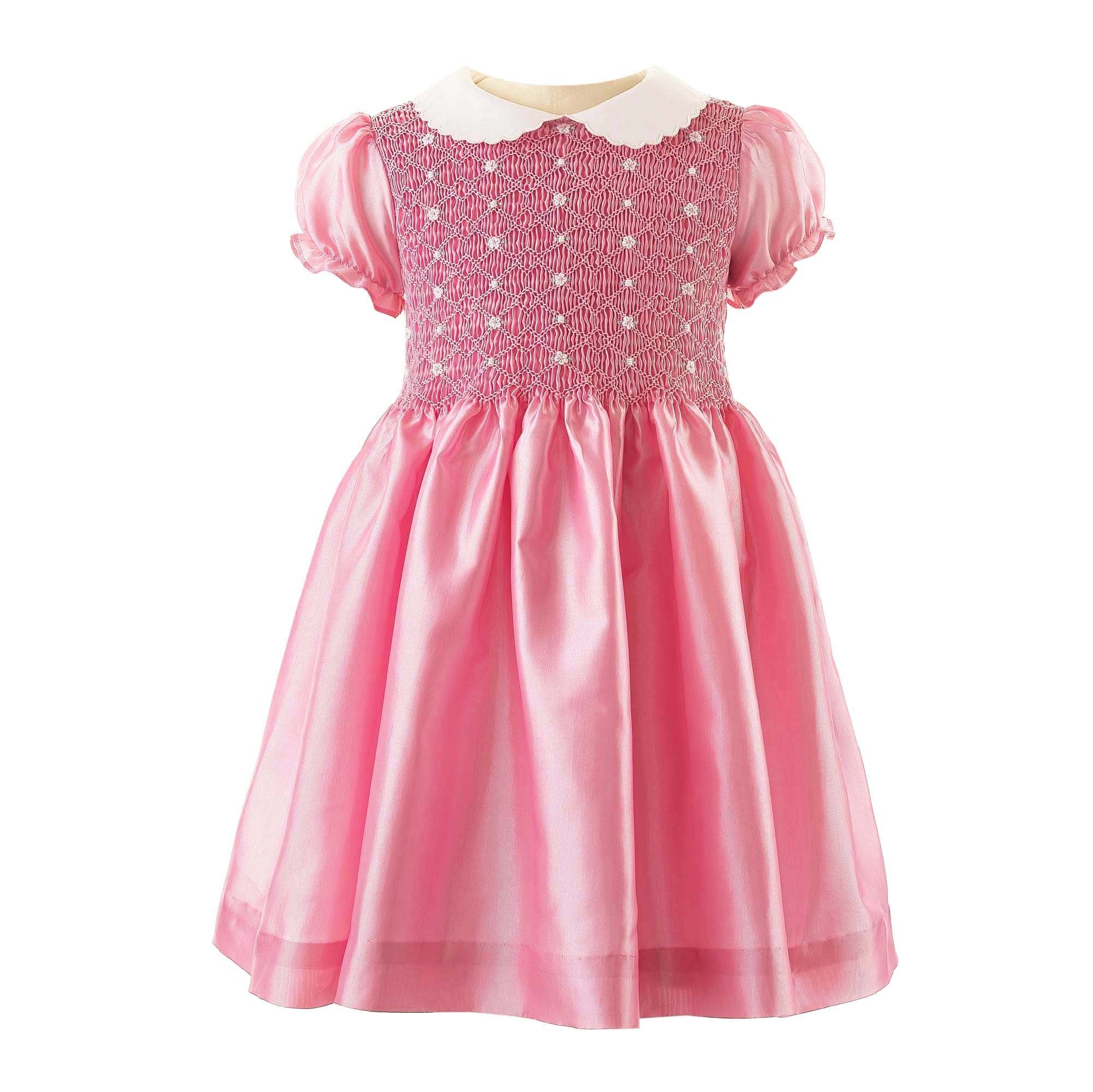 Pink Taffeta Rosebud Smocked Dress