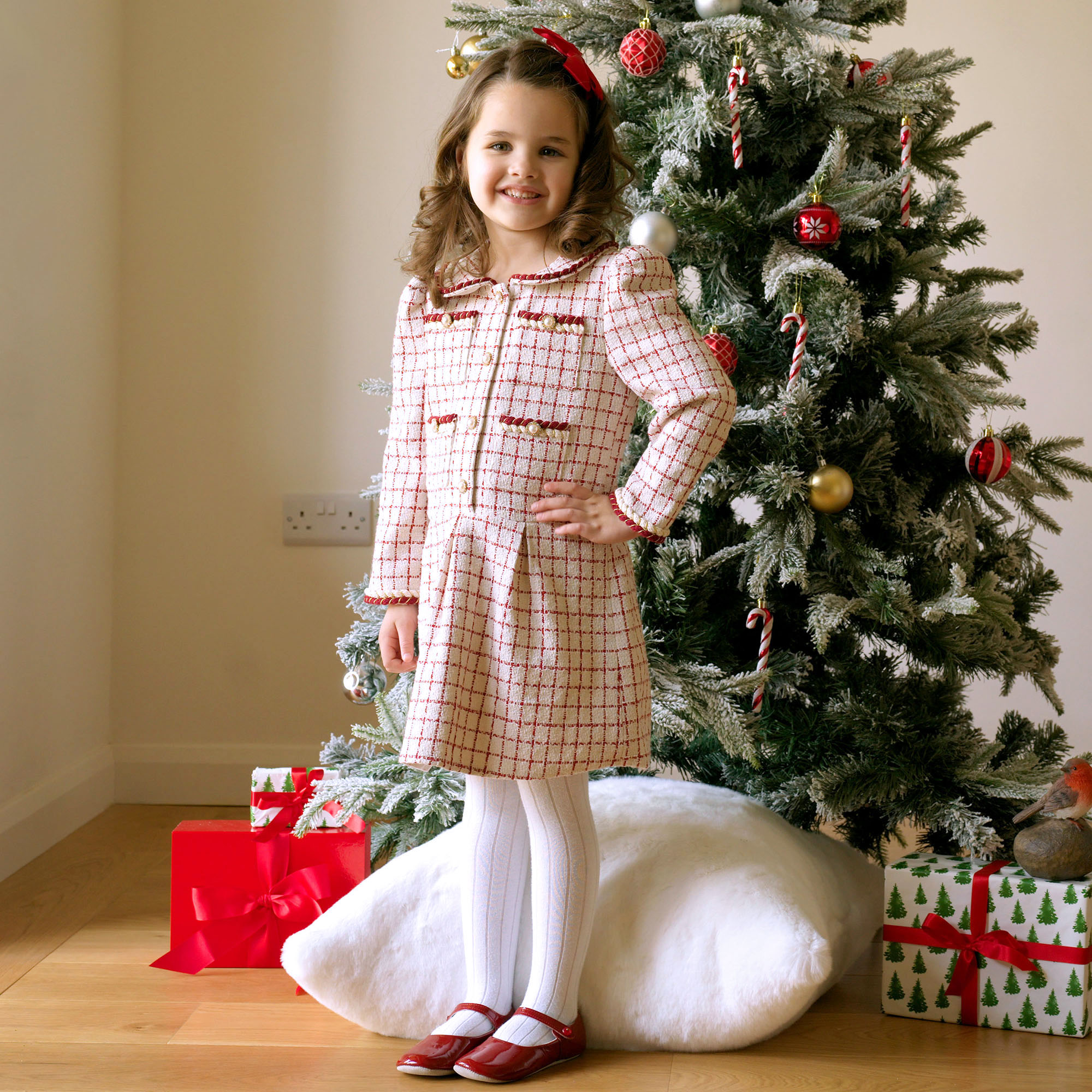 Red + ivory check tweed dress