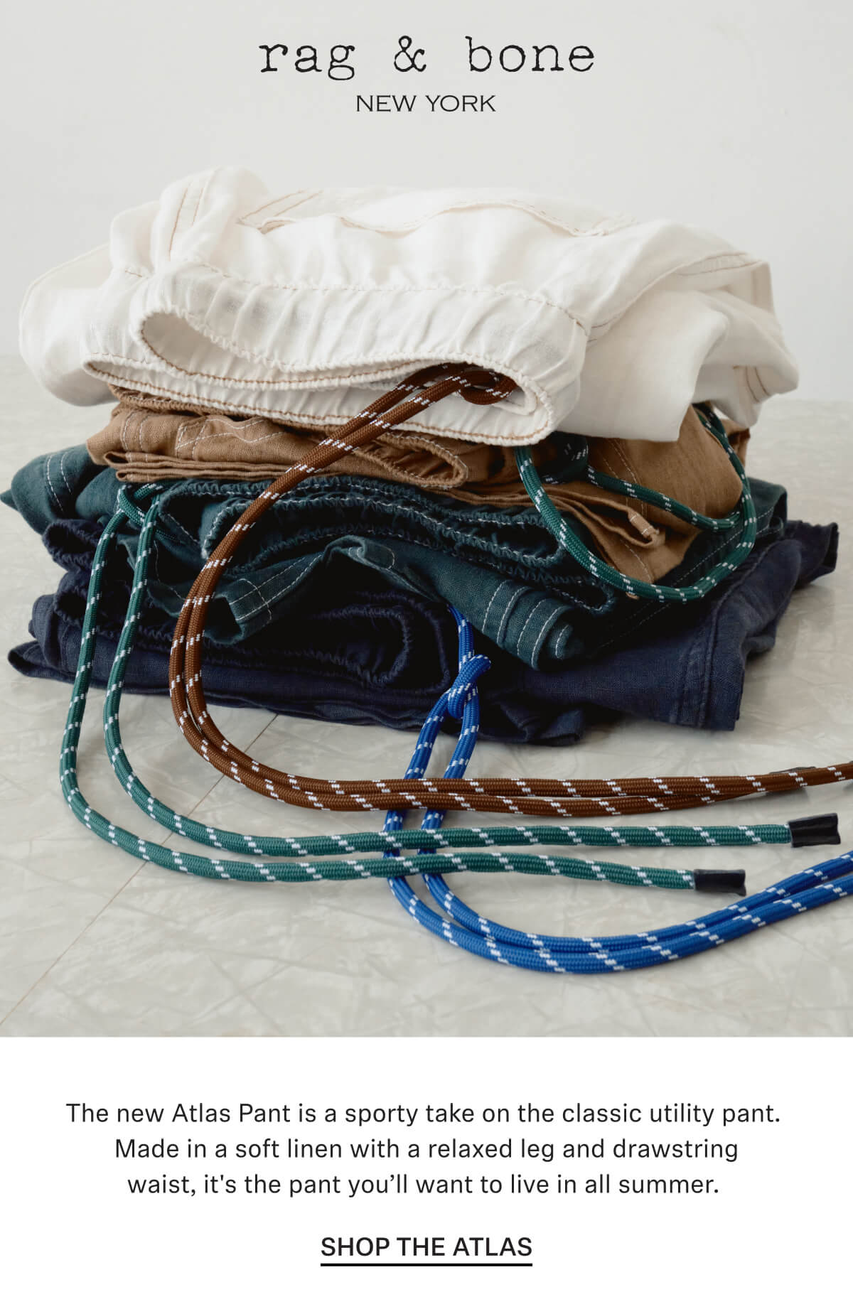 The new Atlas Pant is a sporty take on the classic utility pant. Made in a soft linen with a relaxed leg and drawstring waist, it's the pant you’ll want to live in all summer. 