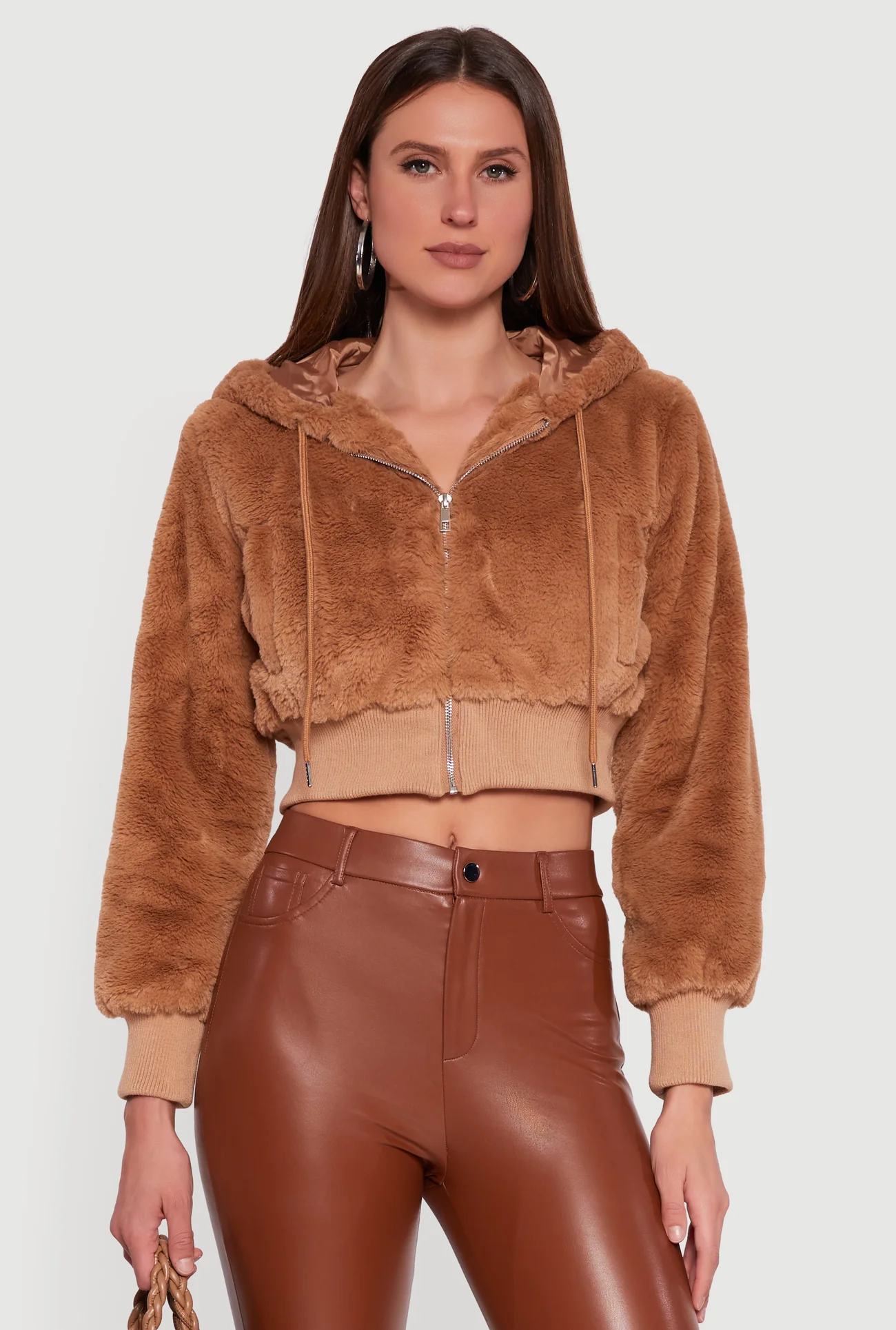 Faux Fur Zip Front Hooded Cropped Jacket