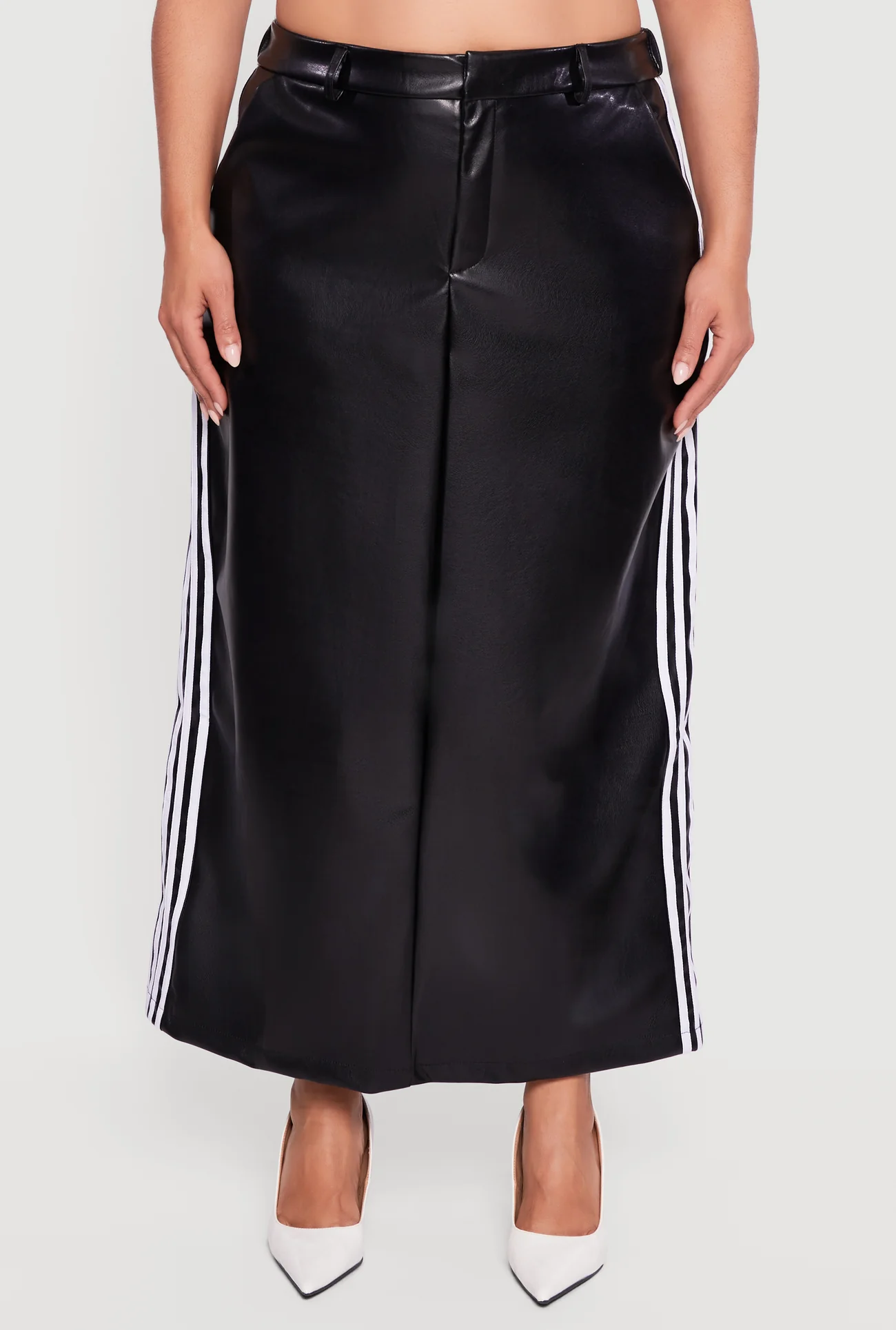 Plus Size Faux Leather Maxi Skirt with Side Stripes