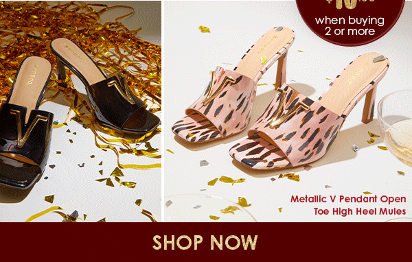 Metallic V Pendant Open Toe High Heel Mules