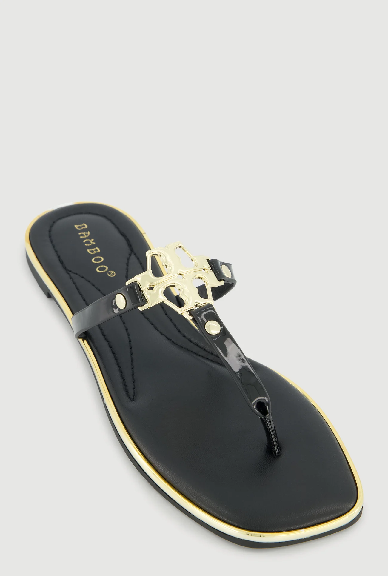 Shop Metallic Pendant Faux Leather Thong Sandals