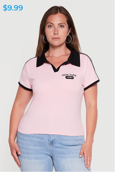 Shop Plus Size Contrast Trim New York 1983 Graphic Polo Top