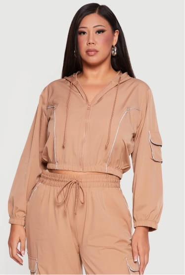 Shop Plus Size Cropped Contrast Piping Zip Front Hoodie