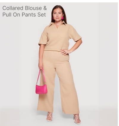 Shop Plus Size Gauze Knit Collared Blouse and Pull On Pants Set