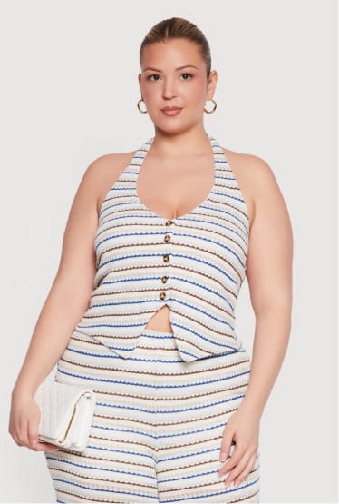 Shop Plus Size Button Front Striped Halter Top