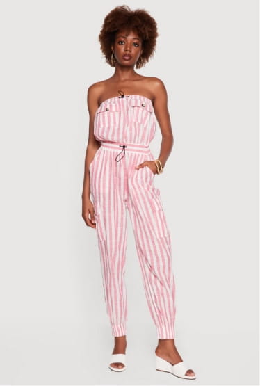 Shop Striped Toggle Drawstring Cargo Pocket Jumpsuit