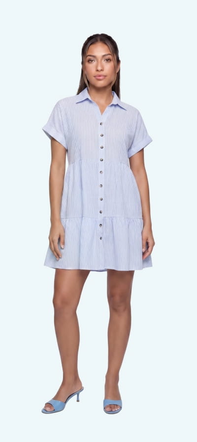 Shop Striped Button Front Tiered Shirt Dress