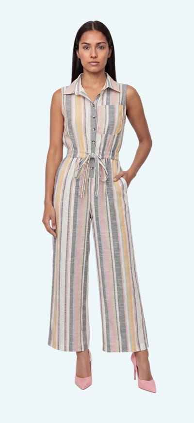 Shop Striped Drawstring Waist Button Front Jumpsuit