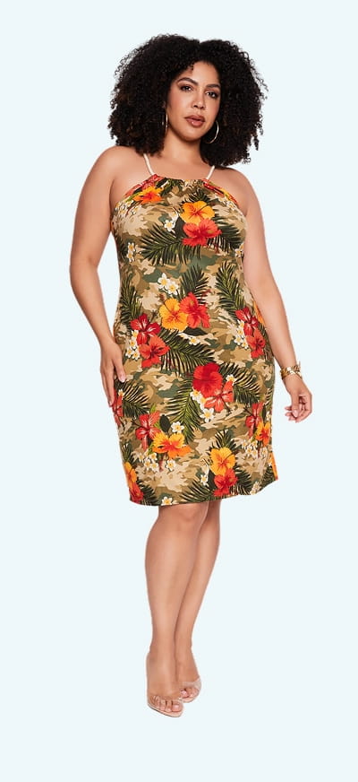 Shop Plus Size Twisted Strap Floral Camo Halter Midi Dress