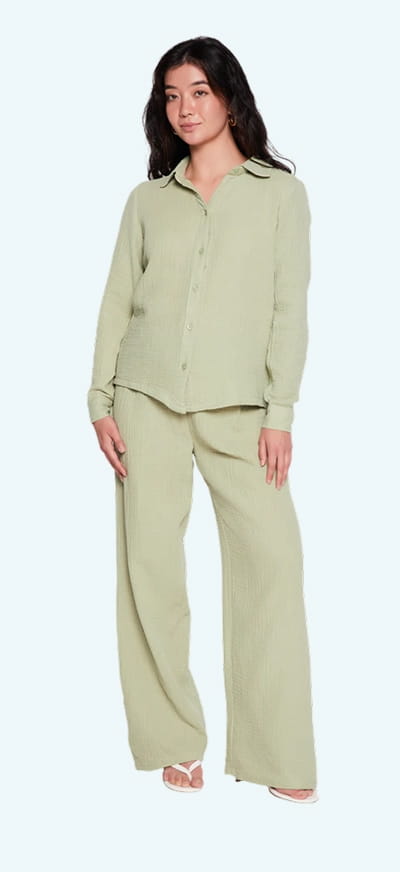 Shop Solid Button Front Gauze Knit Shirt and Pants Set